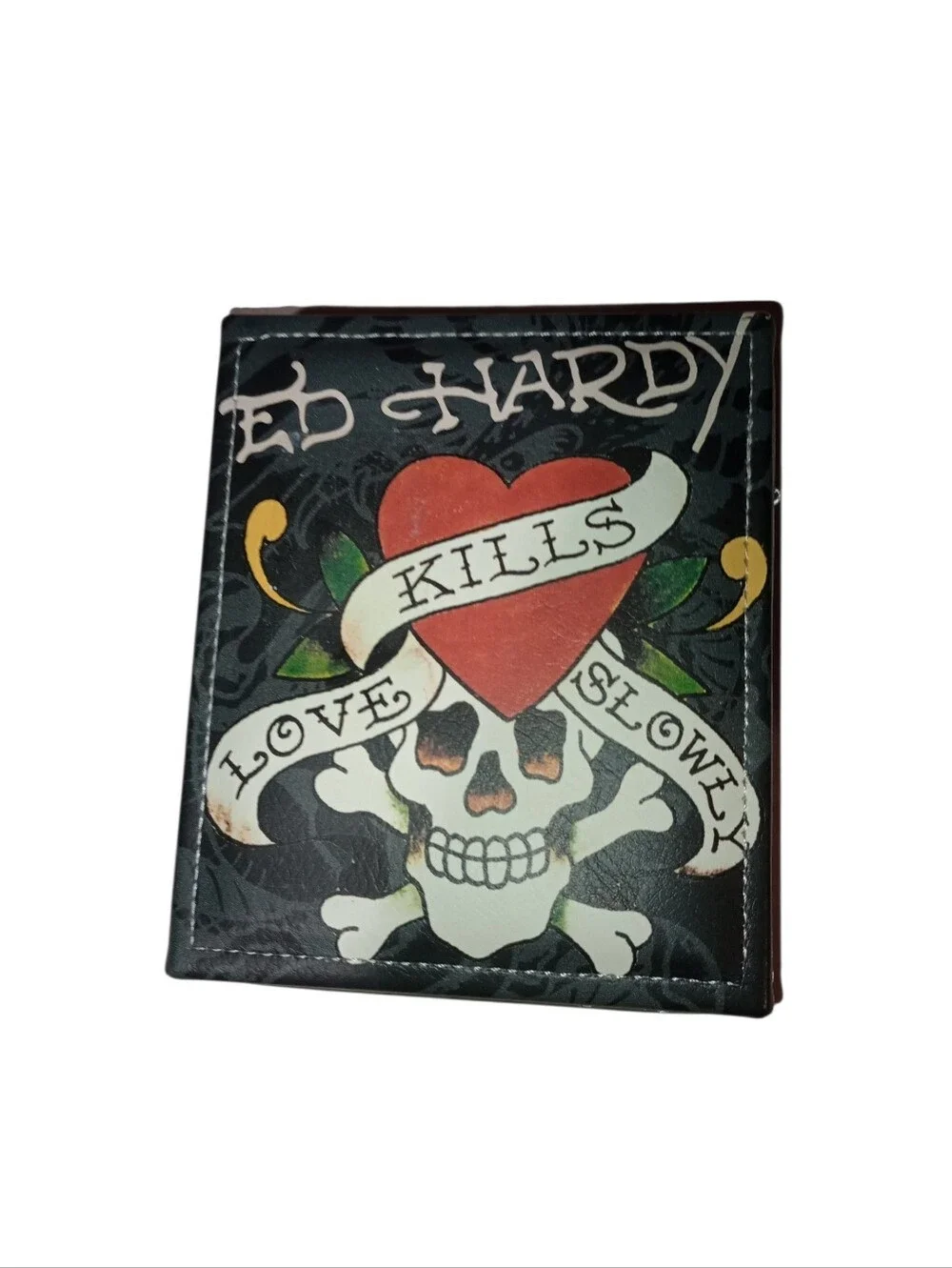 Ed Hardy Black Leather Wallet with Heart & Skull Graphic Gift Case, NWT